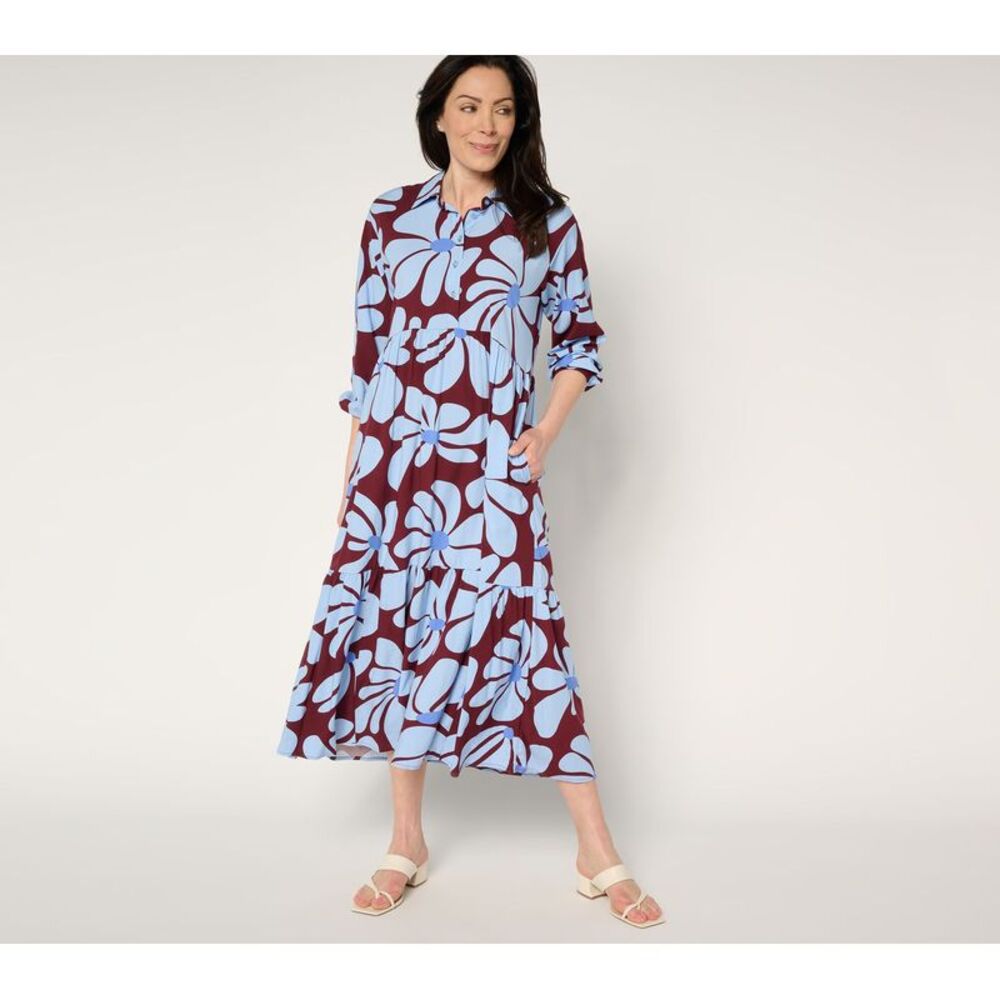 Studio Park Women's Petite Dress PXL Printed Tiered Midi Multi-colored A681136